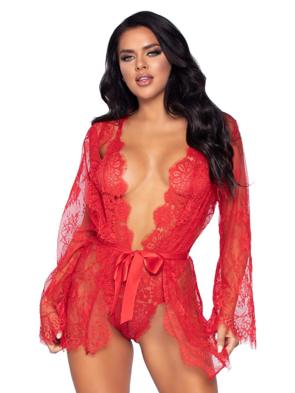 3395 3 PC Love Affair Lace Robe and Teddy Set Sexy Lace Lingerie  Red
